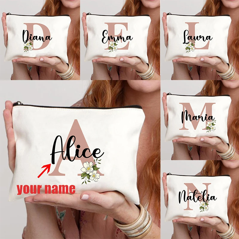 Make-up-Tasche mit Blumenbuchstaben, individueller Name, bestes Geschenk für Brautjungfern, Lehrer, Freunde, Frauen, Geldbörse, personalisierbares Geschenk zum Geburtstag Image