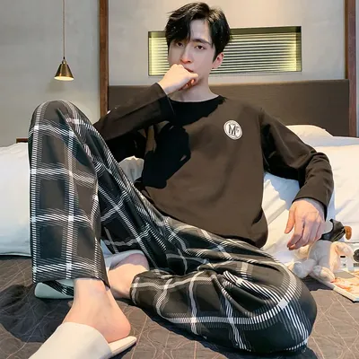 Sommer Gestrickte Plaid Coole Herren Pyjamas Pyjamas Beiläufige Kurze Tops + Lange Hosen Sets männer Image