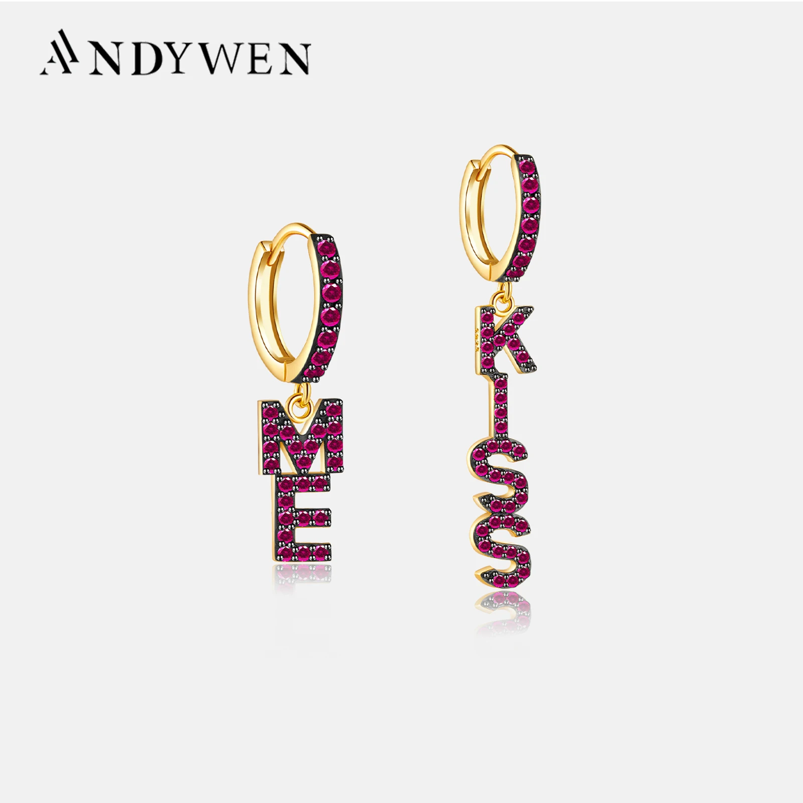 Andywen Sterling Silber Gold schwarz Rose rot Brief küssen mich Tropfen Ohrring Clips Pendiente Piercing Schmuck Geschenk Rock Punk