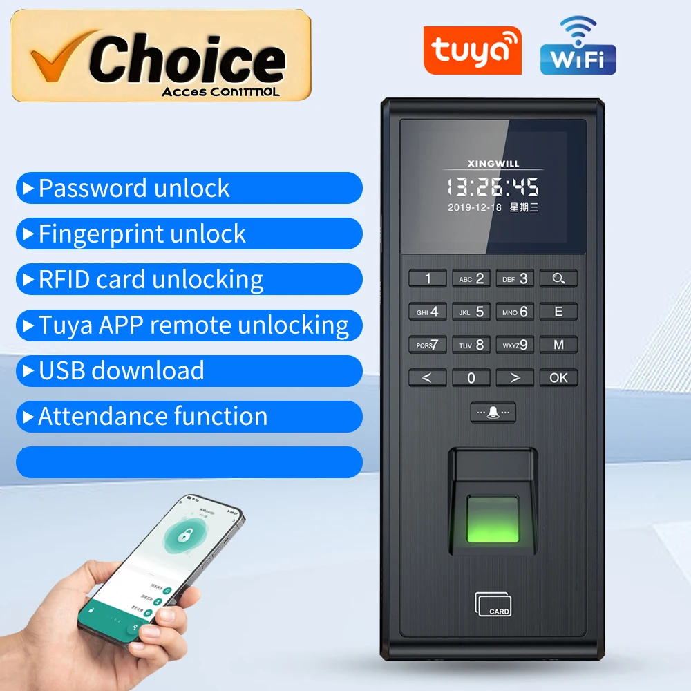 Tuya Smart Biometrisches Fingerabdruck-Zeiterfassungssystem, 1000 Benutzer, WiFi-Zugangskontrollleser mit App-Fernbedienung WG26 Image