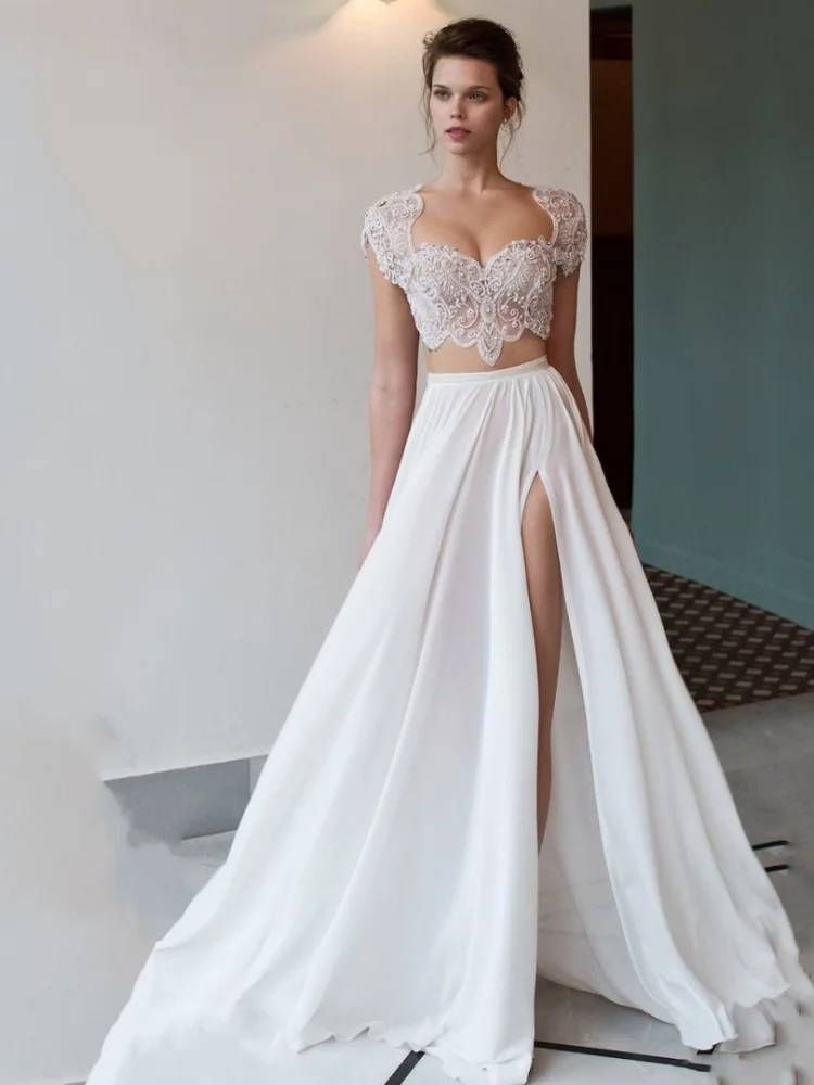 Boho Chiffon eine Linie Brautkleid mit Seite geteilt ärmellose Schatz Brautkleid für Frau Strand Vestido de Noiva Image