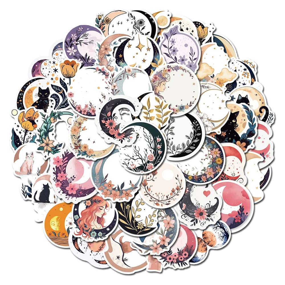 50 Stück Mond Blume und Katze Aufkleber Laptop Telefon Dekoration Sammelalbum Gitarre Motorrad Graffiti Gepäck wasserdicht DIY Aufkleber Image