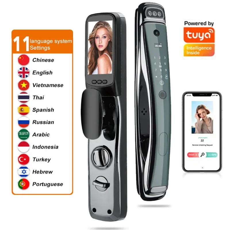 Tuya Smart Türschloss Mehrsprachige Fingerabdruck Haushalt Automatische Eingangstür Gesichtsschloss Holz Kombination Elektronisches Schloss