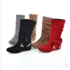 Frauen Bogen Diamant Flock Hohe Zunehmende Stiefel Wahre Größe 34 46 47 Mitte Der Wade Keile Low Heels Booties Damen schuhe Runde Kappe Botas