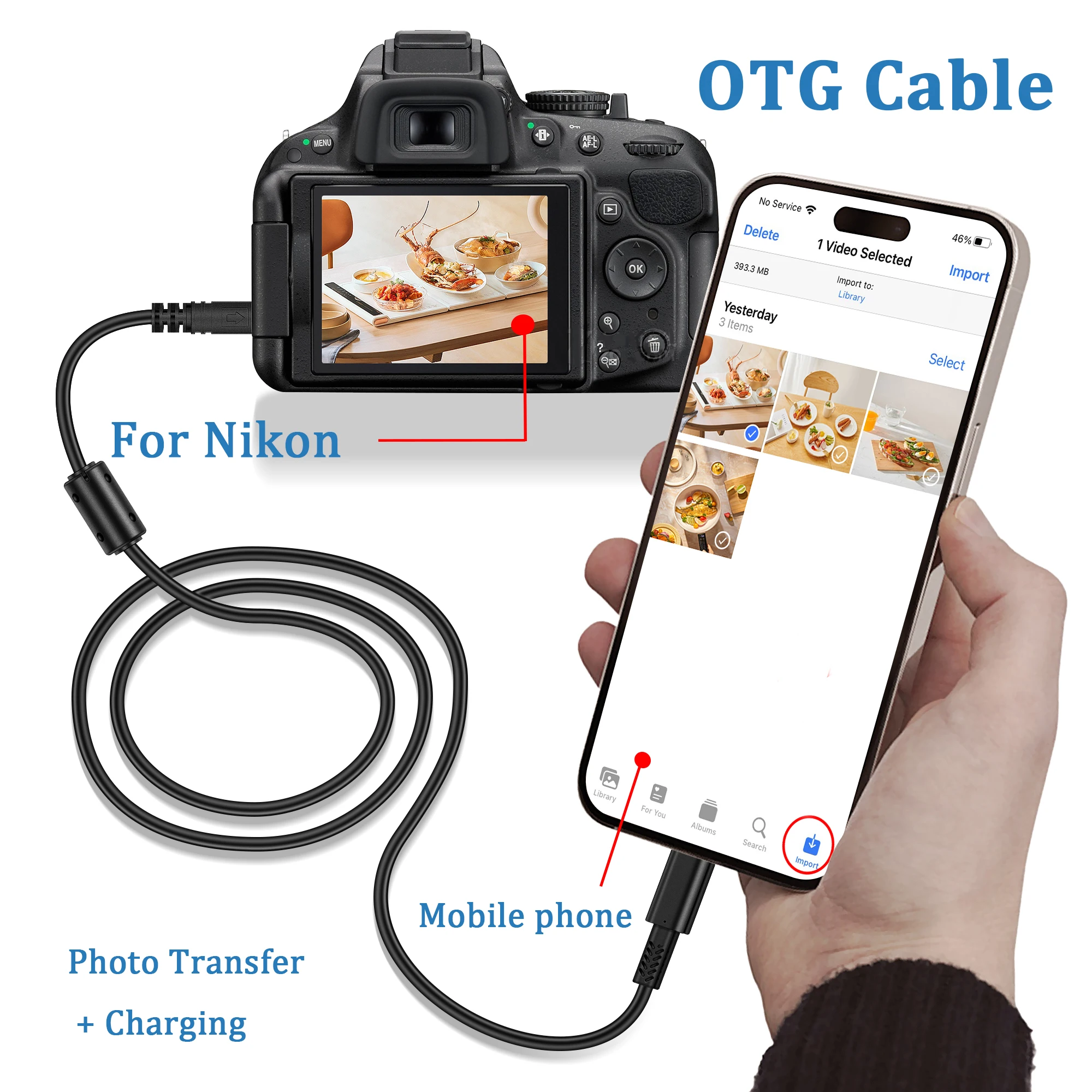 for Nikon Canon to Smartphone OTG Cable to Download Photos from Nikon Camera to Phone for Smartphone 14,13,12,11,8,7,6,XS