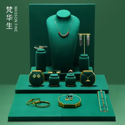 Show window jewelry display props dark green high-end ring necklace earrings bracelet jewelry