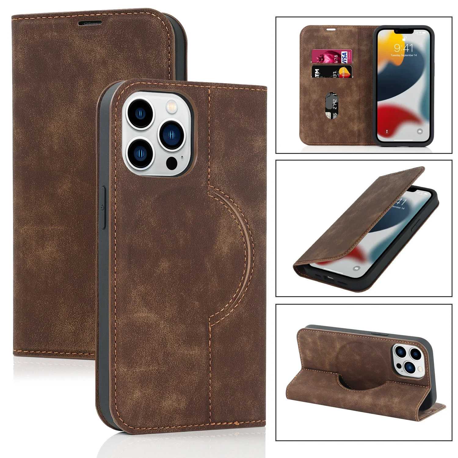 Juste de téléphone portefeuille magnétique en Faux cuir pour iPhone, support de charge sans fil Magsafe, étui souple pour carte, iPhone 16 Pro Max, iPhone 14 Plus, iPhone 13, iPhone 15, iPhone 12
