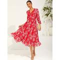 Damen Elegantes Floral Maxi Swing Kleid Stilvolles Langarm V-Ausschnitt Falten Rüschen Elastischer Taillenbund Chiffon Transparent Perfekt für Urlaub und Freizeitbekleidung