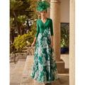 Elegantes A-Linien-Abendkleid formelles Kleid für Hochzeitsgäste Blumendruck bodenlang V-Ausschnitt 3/4-Ärmel Chiffon 2024