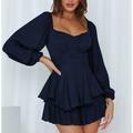 Damen Stylisches Freizeit A-Linien Mini Kleid mit langen Laternenärmeln und quadratischem Ausschnitt Rüsche normale Passform für Urlaub und Alltag.