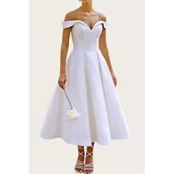 Weißes Satin A-Linie Off-Shoulder Hochzeitskleid Kurzarm Knöchellanges Brautkleid Falten Verlobung