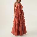 Elegantes A-Linien-Bodenlanges ärmelloses Halfterkleid aus Organza mit Blumen und Rüschen