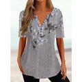 Damen Henley-Shirt mit Blumendruck und Knopfleiste T-Shirt Basic Rundhalsausschnitt kurzärmelig Tunika Urlaub Wochenende