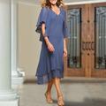 Elegantes zweiteiliges A-Linien-Kleid für die Brautmutter V-Ausschnitt und Kurzarm-Wickelkleid in wadenlanger Chiffon-Kleidung mit Perlenbesatz und Rüschen Hochzeitsgast 2024