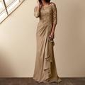 Elegantes Etuikleid für die Mutter der Braut mit Bateau-Ausschnitt bodenlang aus Chiffon und 3/4 Ärmel aus Spitze.