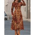 Damen-Vintage-Kleid mit ethnischem Blumen- und geometrischem Druck langärmelig lässig Midikleid für Herbst und Winter Rundhalsausschnitt Tasche perfekt für den Alltag und den Urlaub