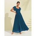 Elegantes Chiffon-Maxikleid für Damen Herzausschnitt plissiert V-Ausschnitt A-Linie formelles Abendkleid Hochzeitsgastkleid