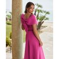 Elegantes A-Linien-Abendkleid formelles Hochzeitskleid knöchellang Schleife und Perlenbesatz Queen Anne kurzärmliges Satinkleid für die Mutter der Braut 2024