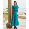 Elegantes A-Linien-Abendkleid formelles Hochzeitskleid knöchellang Schleife und Perlenbesatz Queen Anne kurzärmliges Satinkleid für die Mutter der Braut 2024