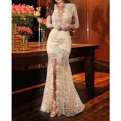 Meerjungfrau Trompete Abendkleid Sexy Formales Kleid Hochzeitsgast Sweep Brush Train Langarm V-Ausschnitt Herbst Hochzeitsempfang Spitze Schlitz Applikationen 2024