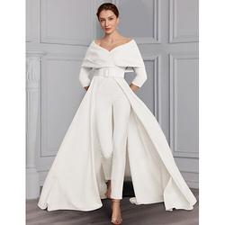 Eleganter zweiteiliger Jumpsuit für die Mutter der Braut formelles Hochzeitsgast- und Party-Outfit U-Ausschnitt schulterfrei knöchellang Stretch-Stoff 3 4-Ärmel und Schärpe 2024