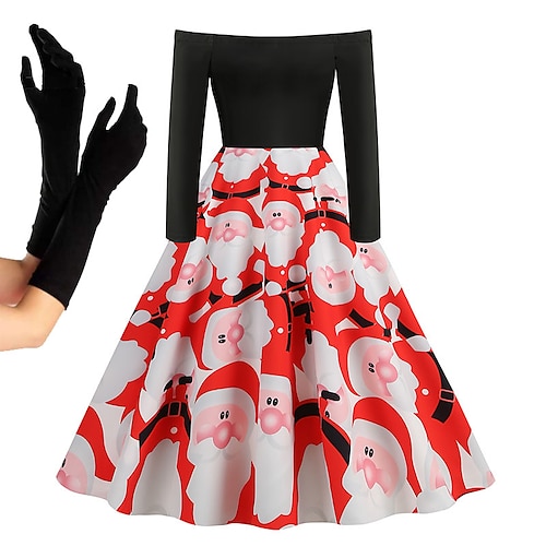 Weihnachtskleid im 50er-Jahre-Stil für Damen schulterfrei Blumendruck Midi-Ballkleid knielang Weihnachtsmannanzug perfekte Weihnachtsfeiern und Geschenke