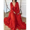 Elegantes Chiffon-A-Linien-Kleid für Hochzeitsgäste formell V-Ausschnitt lange Ärmel bodenlang gerüscht perfekte Black Tie-Events Impress Style 2024