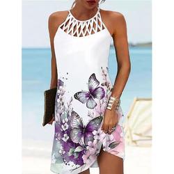 Ärmelloses Neckholder-Minikleid in A-Linie mit Blumendruck für Damen für den Alltag und den Urlaub im Sommer und Frühling