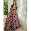 Elegantes A-Linien-Ballkleid mit Blumen- und Rosenstickerei formelles Weihnachtskleid bodenlang V-Ausschnitt Tüll Blumendruck 2024