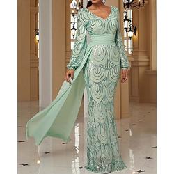 Elegantes Pailletten-Mermaid-Trumpet-Abendkleid mit V-Ausschnitt formelles langärmeliges bodenlanges Hochzeitskleid mit Glitzer und Fransendetails.