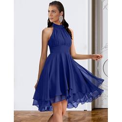 Elegantes A-Linien Chiffon Cocktailkleid für Hochzeitsgäste ärmellos Neckholder V-Ausschnitt und gestufte Lagen.