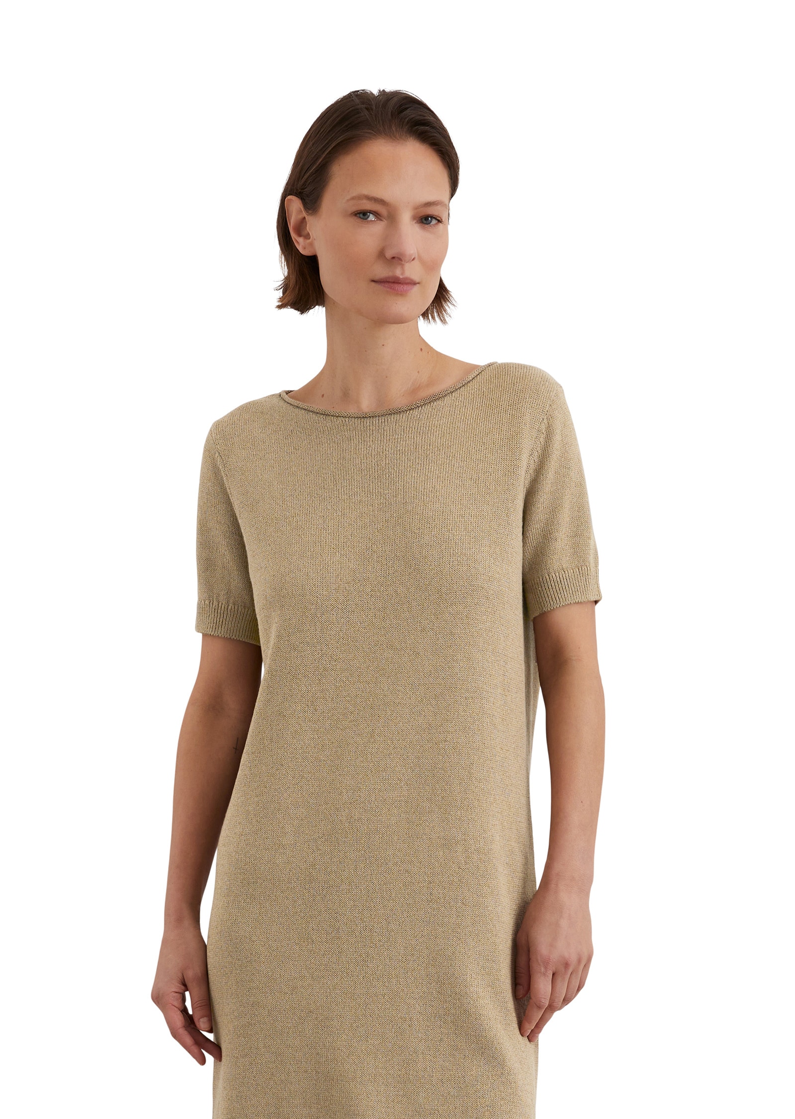 Strickkleid MARC O'POLO "aus Bio-Baumwolle-Leinen-Mix", Damen, Gr. 42, Normalgrößen, beige (m723), Obermaterial: 52% Baumwolle, 48% Leinen; Futter: 100% Nicht verfügbar, unifarben, relaxed fit wadenlang, Rundhals, Rippbündchen, Kleider Strickkleid