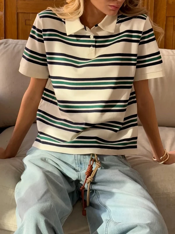 Hirsionsan Polo Neck T Shirt Women Soft Chic Tees 95% Cotton Jumper Clothes Loose Casual Pullover 2025 Summer New Crop Tops