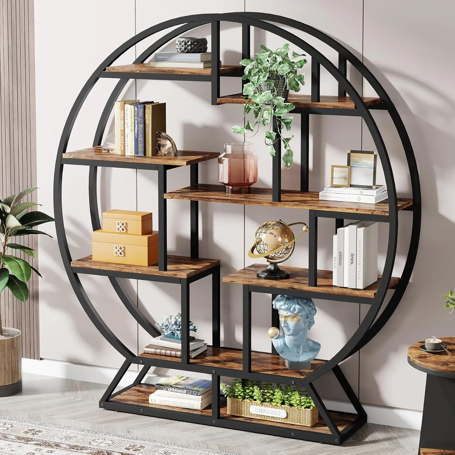 Bücherregal, runde Bücherregale, Etagere-Bücherregal, 63-Zoll-Industrie-Bücherregal aus Holz mit versetzten Regalen, Wohnzimmer Image