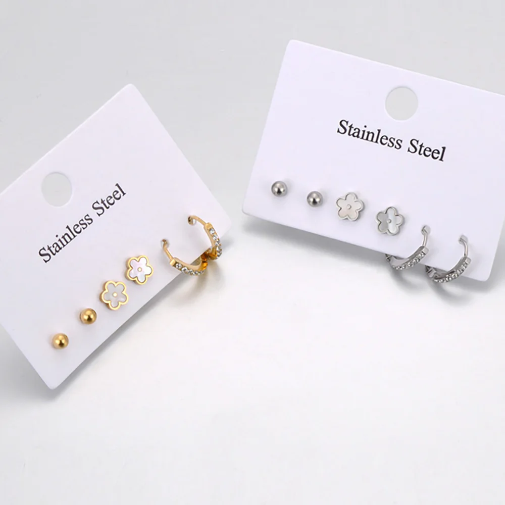 3 Paare/satz Mode Edelstahl Strass Blume Kleine Ohrringe Mode Weiß Shell frauen Schmuck 18 Karat Vergoldet Image