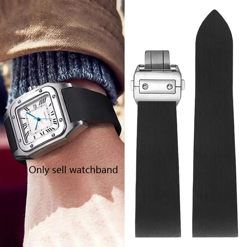 Gummi-Silikonarmband für Cartier Santos 100W 2020007 Wasserdichtes Armband, 25 mm Faltschließe aus Edelstahl, schwarzes Armband Image