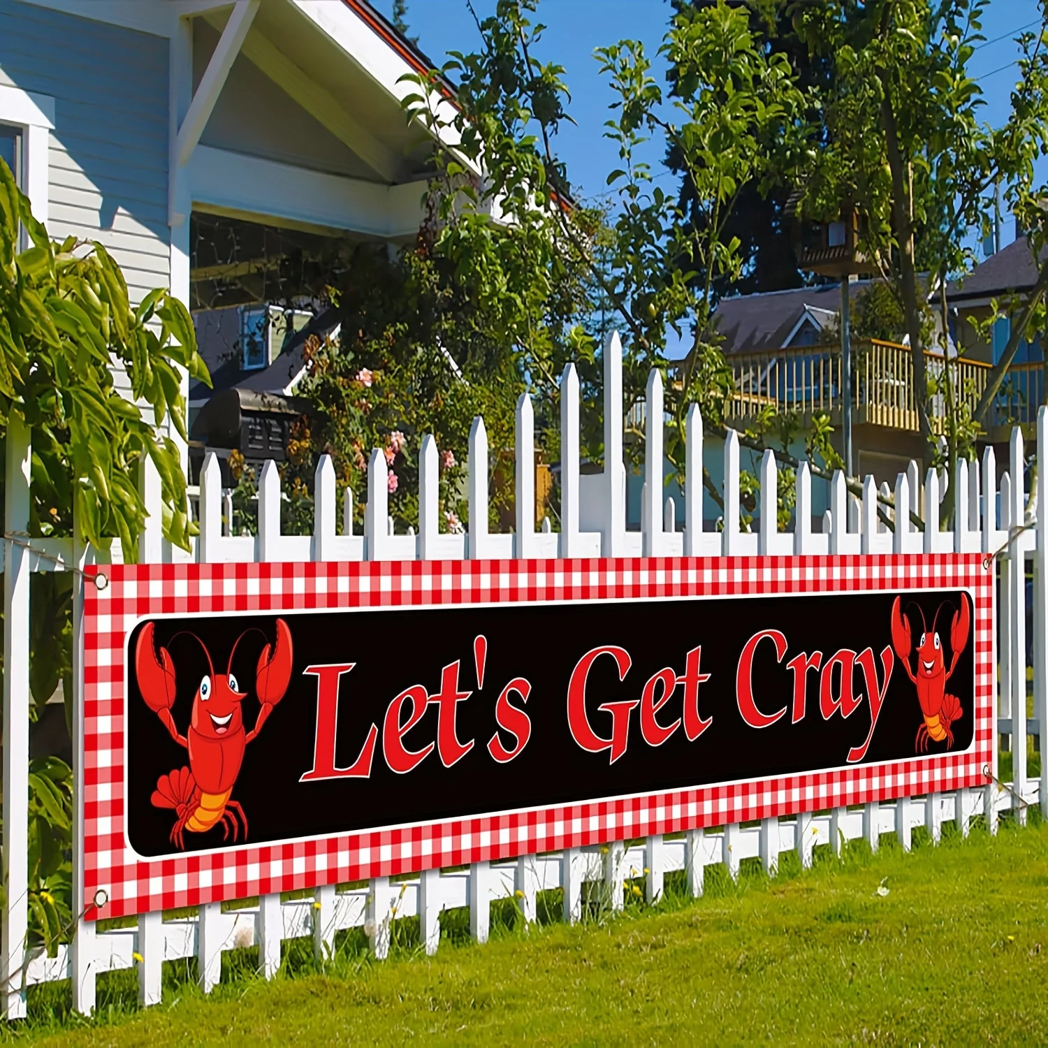 Langusten Party Dekorationen lassen Sie uns Cray Zaun Banner Hummer kochen themen orientierte Geburtstags feier Versorgung Vorgarten Garten Zeichen Image