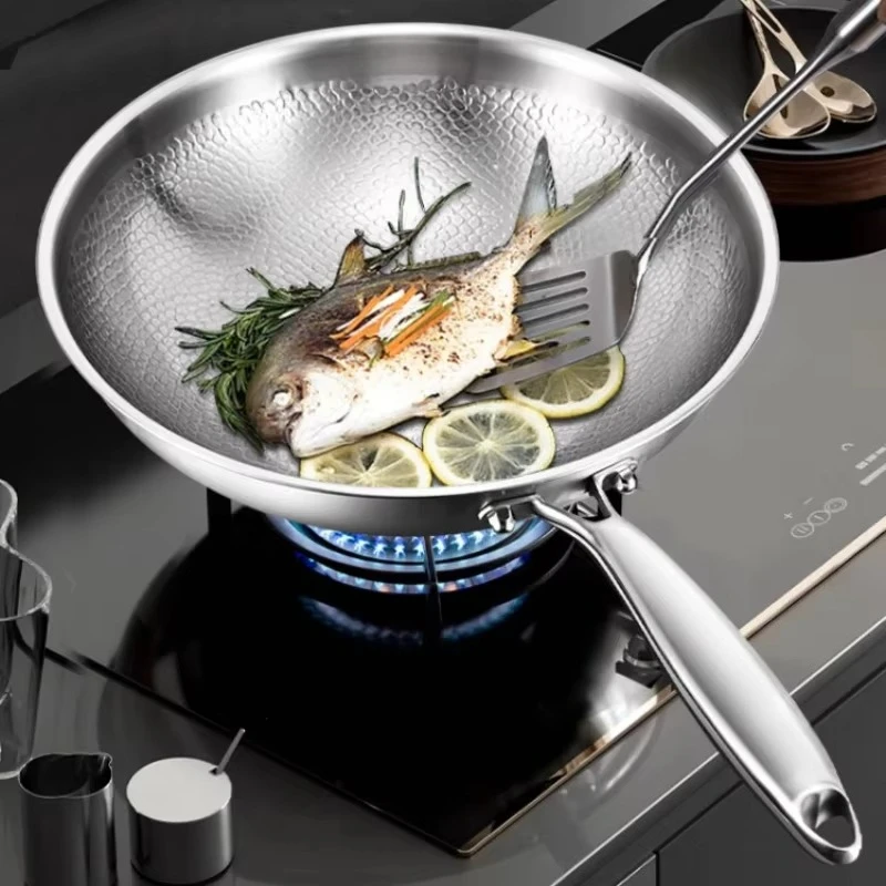 Titan-Flachboden-Wok, Unbeschichteter Antihaft-Wok, Haushaltskoch-Wok, Fischschuppen-Gehämmerte Titan-Wokpfanne Image