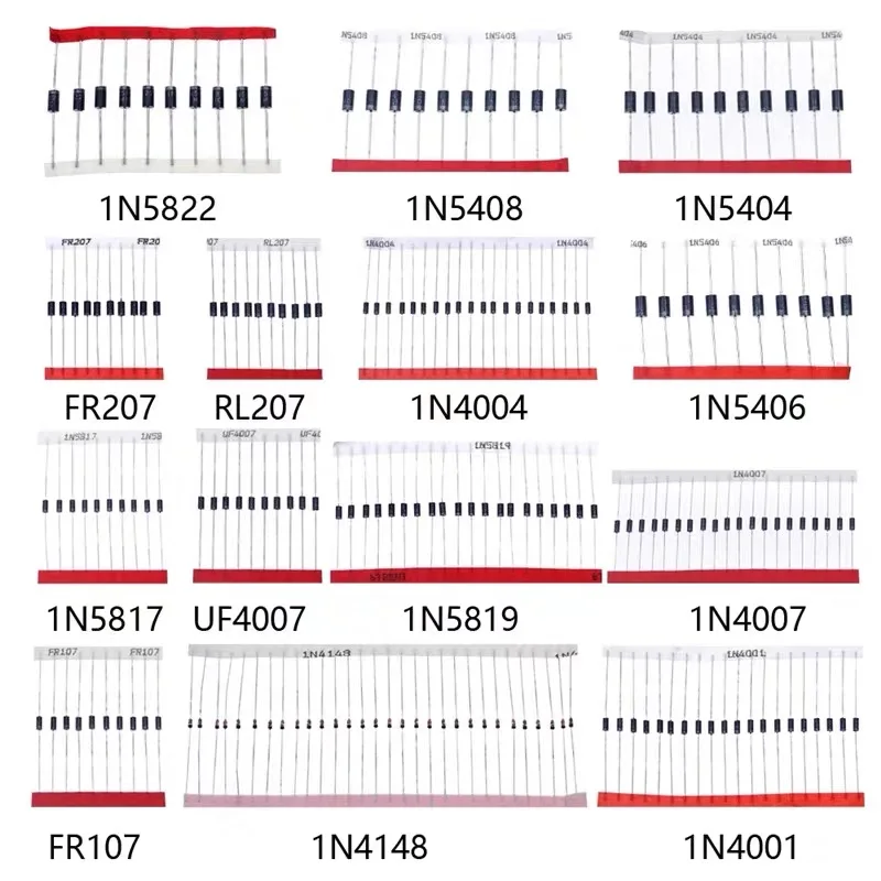 14-Werte-Schottky-Dioden-Sortiment-Set mit schneller Schaltung 1N4001 1N4004 1N4007 1N5408 UF4007 FR207 1N5817 1N5819 1N5822 1N4148 RL207 Image