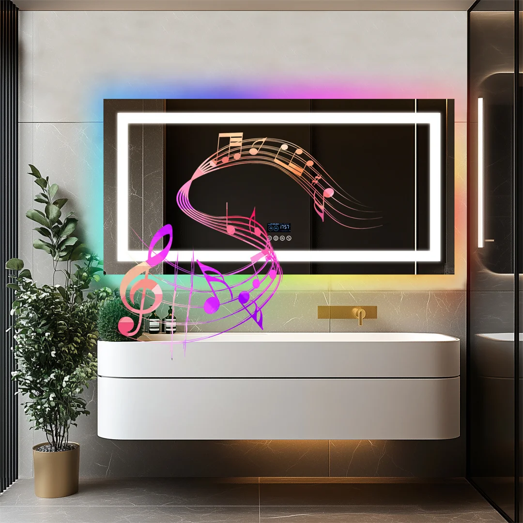 LUVODI Großer rechteckiger Badezimmerspiegel mit RGB-Hintergrundbeleuchtung und stereophonem Bluetooth-Lautsprecher, an der Wand montierter Kosmetikspiegel Image