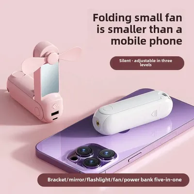 Portable Foldable Fan Handheld Fan 270 ° Adjustable Mini Fan Rechargeable 5-in-1 Bracket/Mirror/Flashlight/Fan/Power Bank