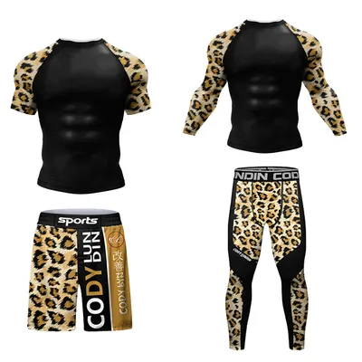 New Kickboxing Rashguard Jiu Jitsu MMA T-shirt +Pant Set Men Bjj Gi Rash Guard Gym Muay Thai Shorts