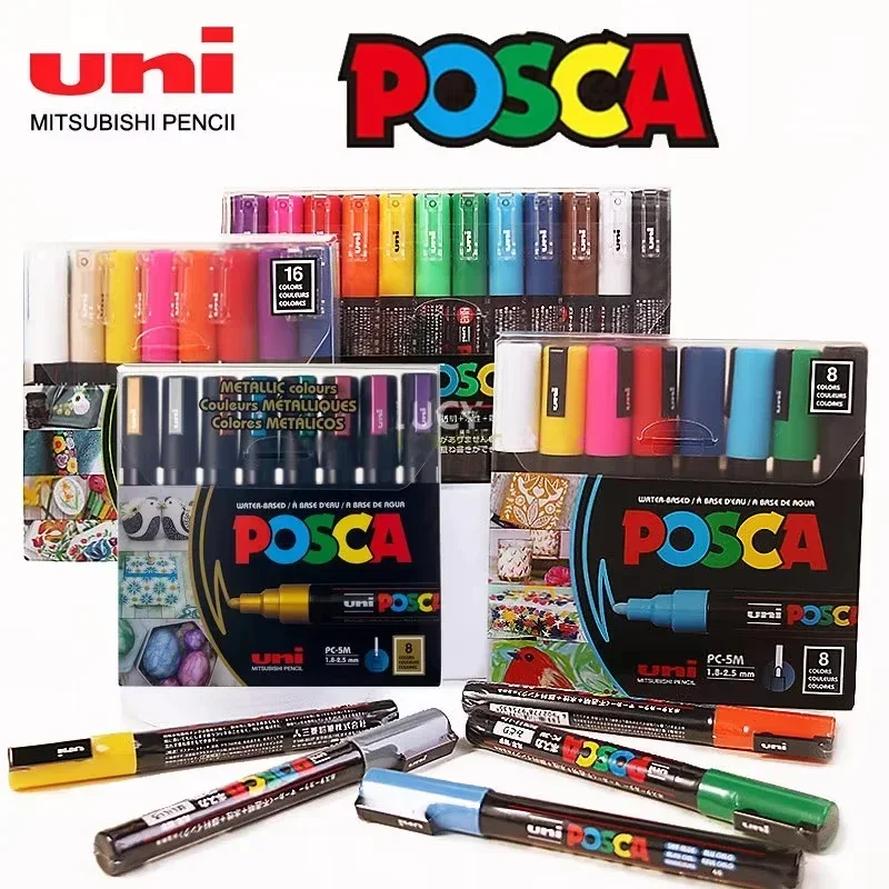 Uni Posca Set di pennarelli artistici 7/8/12/16 colori Penne per vernice acrilica PC1M PC3M PC5M Punte per penne a punta fine per materiali artistici Pennarelli per tessuti