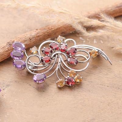 'Floral Rhodium-Plated 9-Carat Multi-Gemstone Brooch Pin'