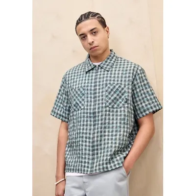 Temp Surf Co UO Exclusive Grey & Teal Zip Seersucker Shirt - Grey S at Urban Outfitters