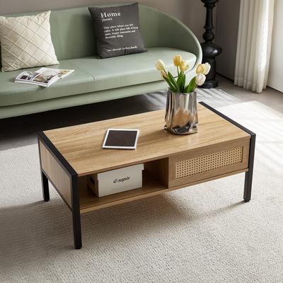 Rattan Cabinet With Sliding Doors MDF+Metal TV Stands W/Solid Wood Legs For Living Room, Office