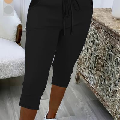 TEMU Women's Casual Capri Pants | Elegant Solid Color Black | Stretchy Polyester-elastane Blend | Elastic Drawstring Waistband | Side Pockets | Machine Washable | Ideal For Spring/summer Image