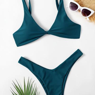 TEMU Women's Sexy Deep V-neck Bikini Set, High Stretch Solid Color Swimwear, Lace-up Detail, Knit Fabric, 82% Polyester 18% Elastane, 210g/m² - Fashionable Beachwear Image