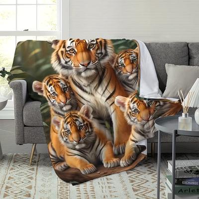 TEMU Tiger Print Flannel Fleece Blanket, Contemporary Style, , Machine Washable, Colors, Anti-allergenic, Multi-, , Polyester Cover, Knitted Fabric, 200-250g Square Kilogram Image