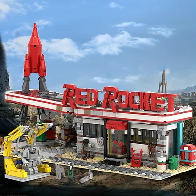 MOC Spiel Die Rote Rakete Füllstation Bausteine Luftfahrt Flugzeug Standort Gas Stop Ziegel Spielzeug Kinder Geburtstag Geschenke Image